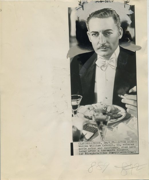 19480925-obit-a Text under photo reads - Hollywood, Sept. 24 -- ACTOR DIES -- Warren William (above), 53, veteran movie actor and sportsman, died here today after a ten-month illness. (AP Wirephoto)