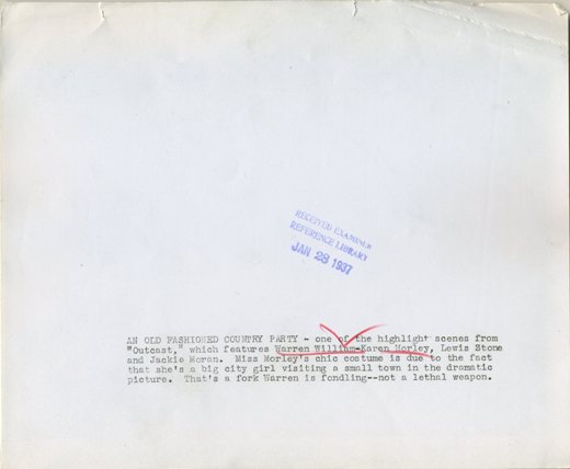 outcast-still-1b Reverse of Outcast press photo, date stamped January 28, 1937 by the Examiner Reference Library. Text on reverse follows below